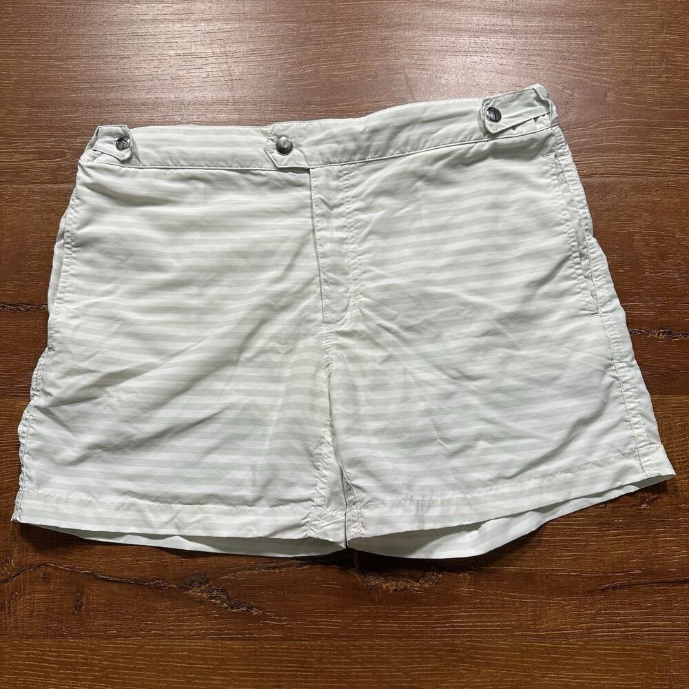 Solid & Striped Swim Shorts Mens L 5" Gray Striped Lined Side Strap Button Pool